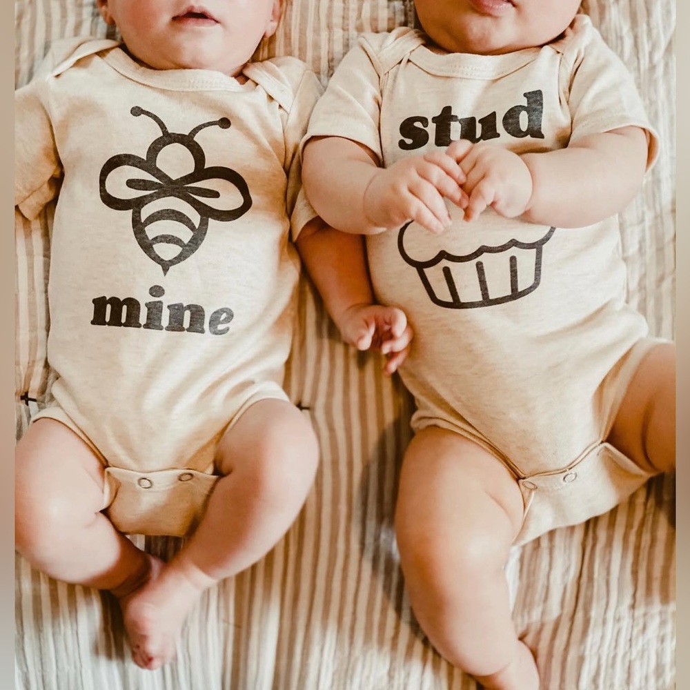 Bundle of 2 baby onesies stud muffin and bee mine 3-6 months Valentine’s twins